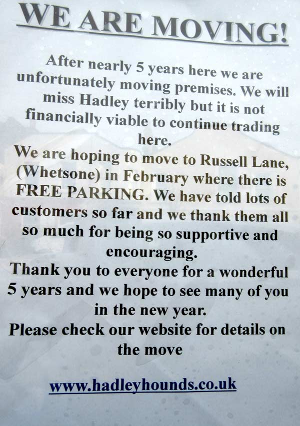 Notice on window of Hadley Hounds