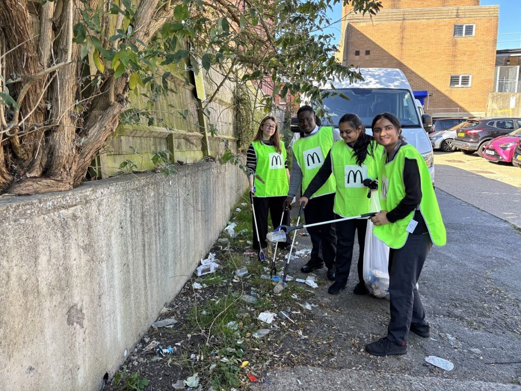 Litter picking drive in High Barnet by staff from McDonald's branches who went to hotspots recommended by residents' associations.