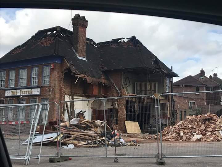 The Jester public house, wrecked and abandoned after a fire in 2018 is finally demolished to make way for a new children's nursery in New Barnet