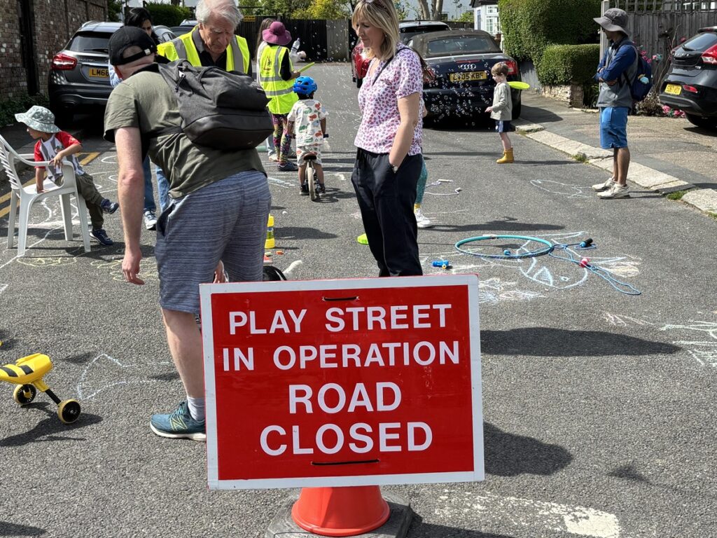 Small children take over as play street road closure in Calvert Road, High  Barnet, provides a chance to play outside in the street -- an encounter in sad decline in recent years.