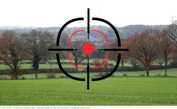 View of Green Belt south of Potters Bar showing green fields, trees and hedges with M25 in background