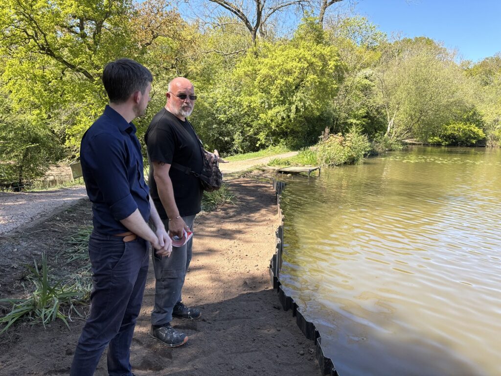 Urgent repairs after a leak in retaining wall at Jack's Lake in Monken Hadley Common paid for by a grant from Barnet Council.