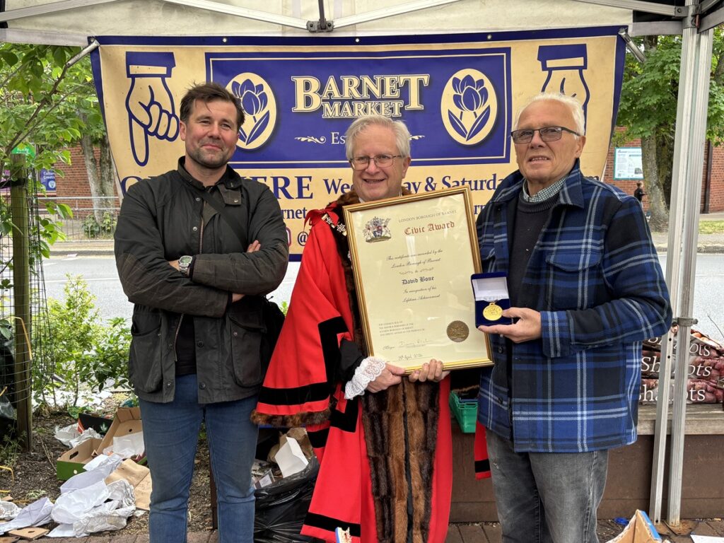 Barnet Market stall holder David Bone pressented with Borough of Barnet Civic Award for Lifetime Achievement by Mayor of Barnet, Councillor Danny Rich