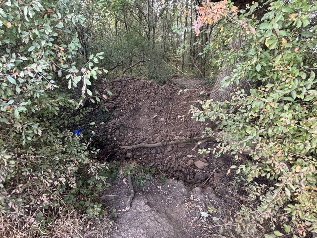 Access points on Byng Road playing fields to popular path around Shire London golf course blocked off to dog walkers after e-bike vandals damage turf of greens